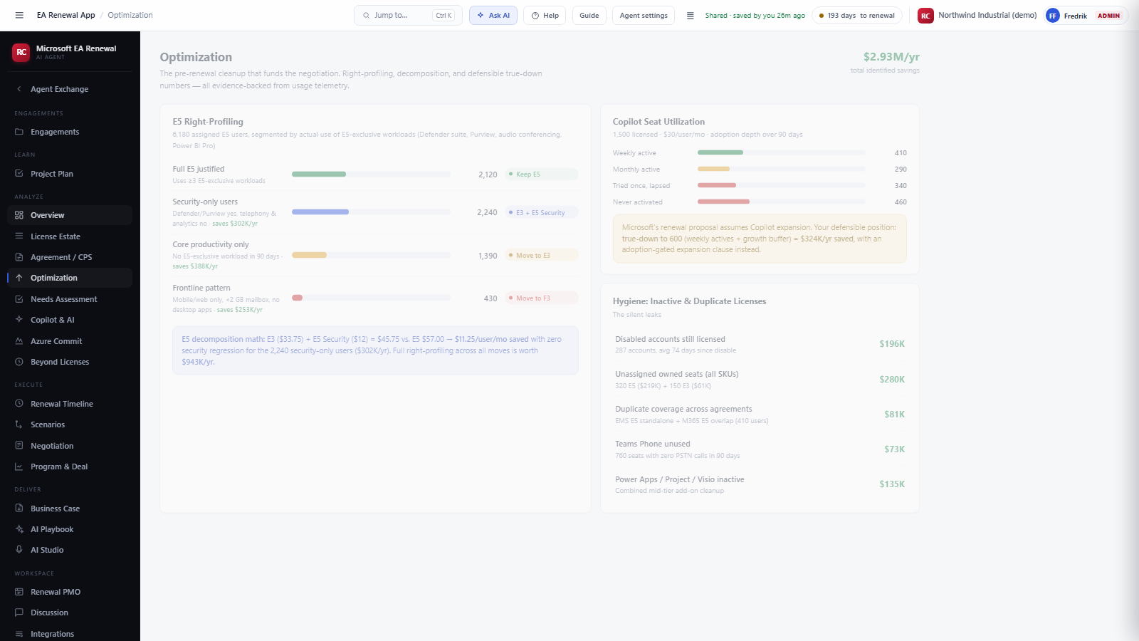 Optimization screen with E5 right profiling and hygiene findings