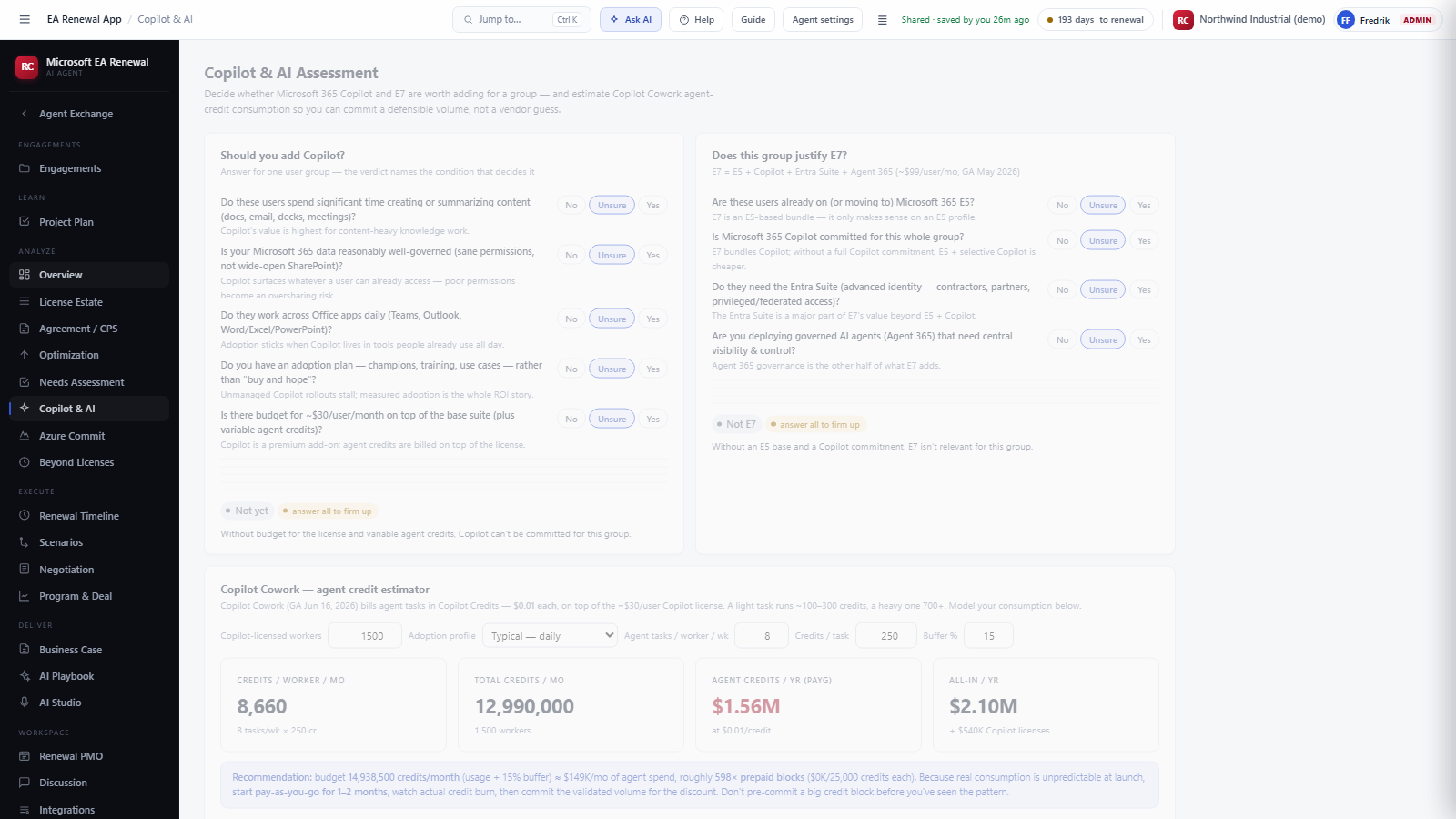 Copilot and AI Assessment screen with adoption questions and verdicts
